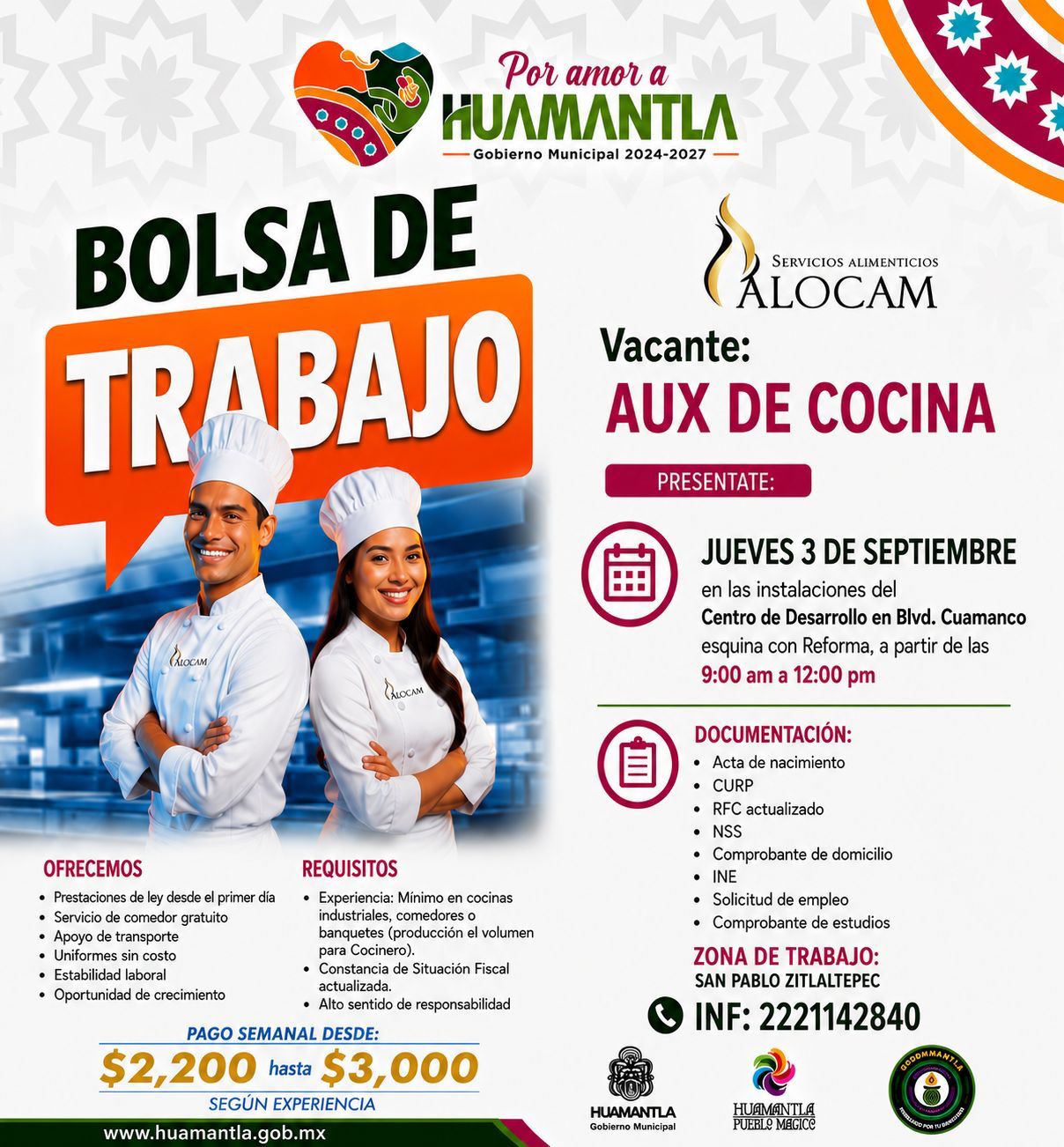 Ofertan vacantes para auxiliares de cocina en Huamantla